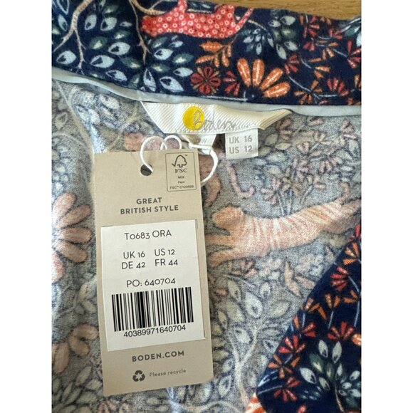 Boden Cotton Flannel Pajama Top US 12  UK 16 Tiger Floral Safari Blue Womens NWT - Picture 2 of 4